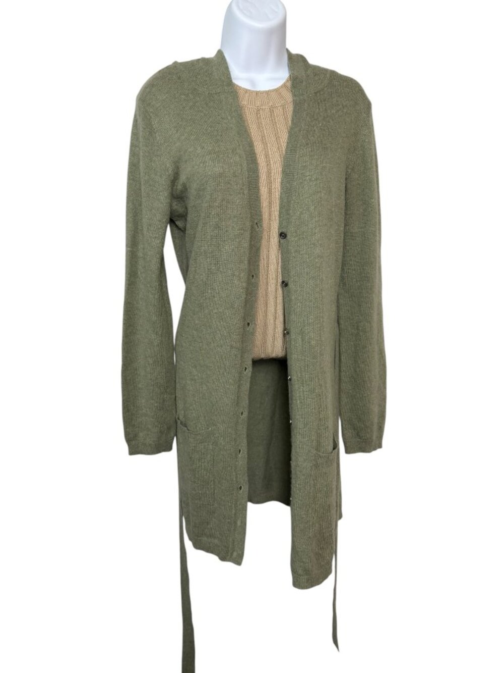 Vintage Y2K BCBGMAXAZRIA Angora Wool Long Hooded Cardigan Sweater Sage Green L